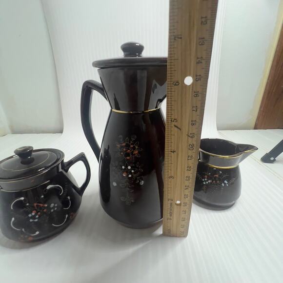 Vintage Japanese Moriage Style Redware Coffee/Teapot with Creamer and Sugar - Picture 4 of 12